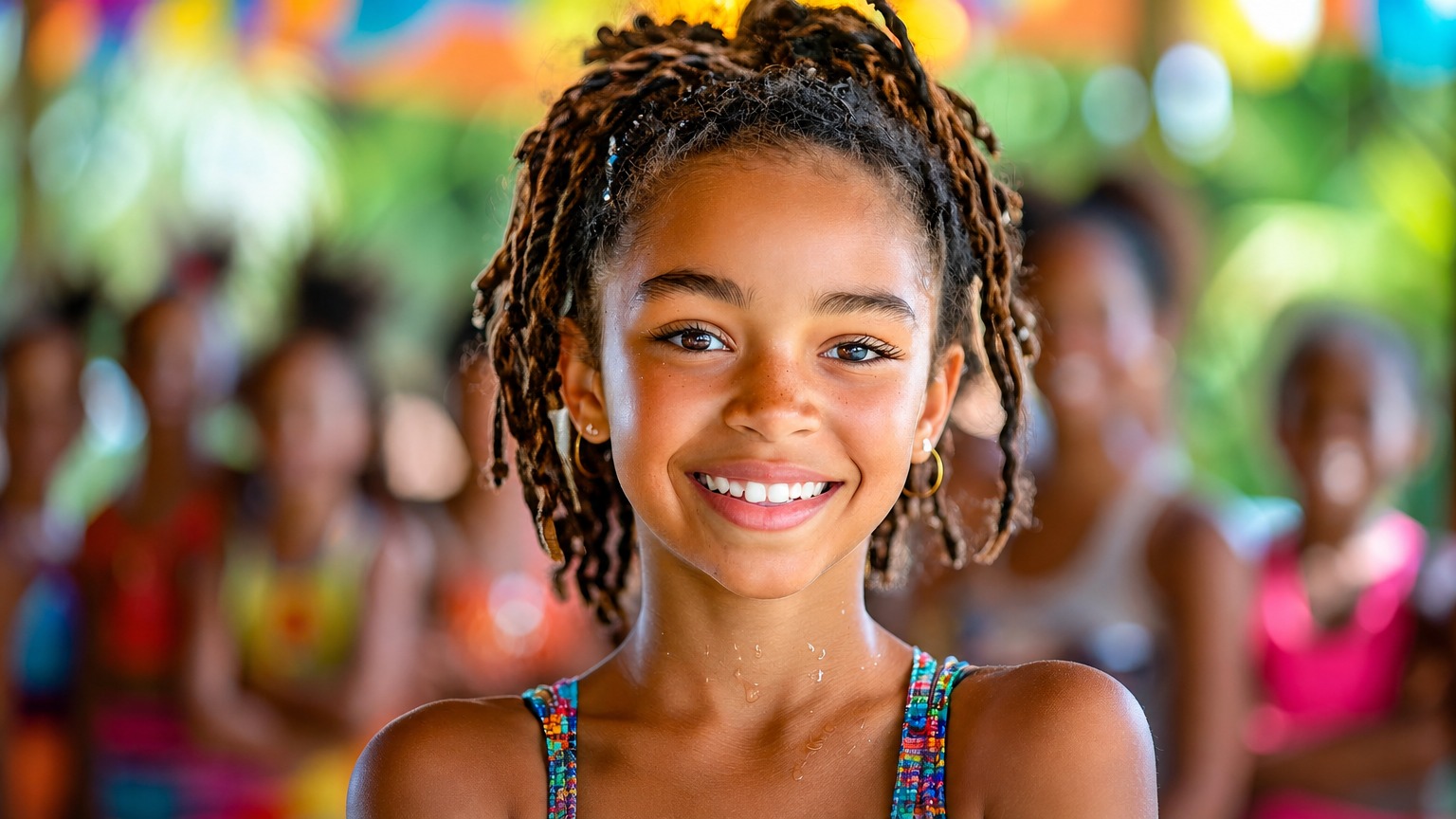 Menina sorrindo em atividade educativa comunitária