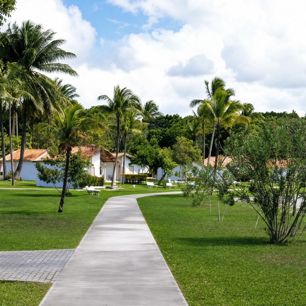 Área verde com caminho e casas de um espaço comunitário